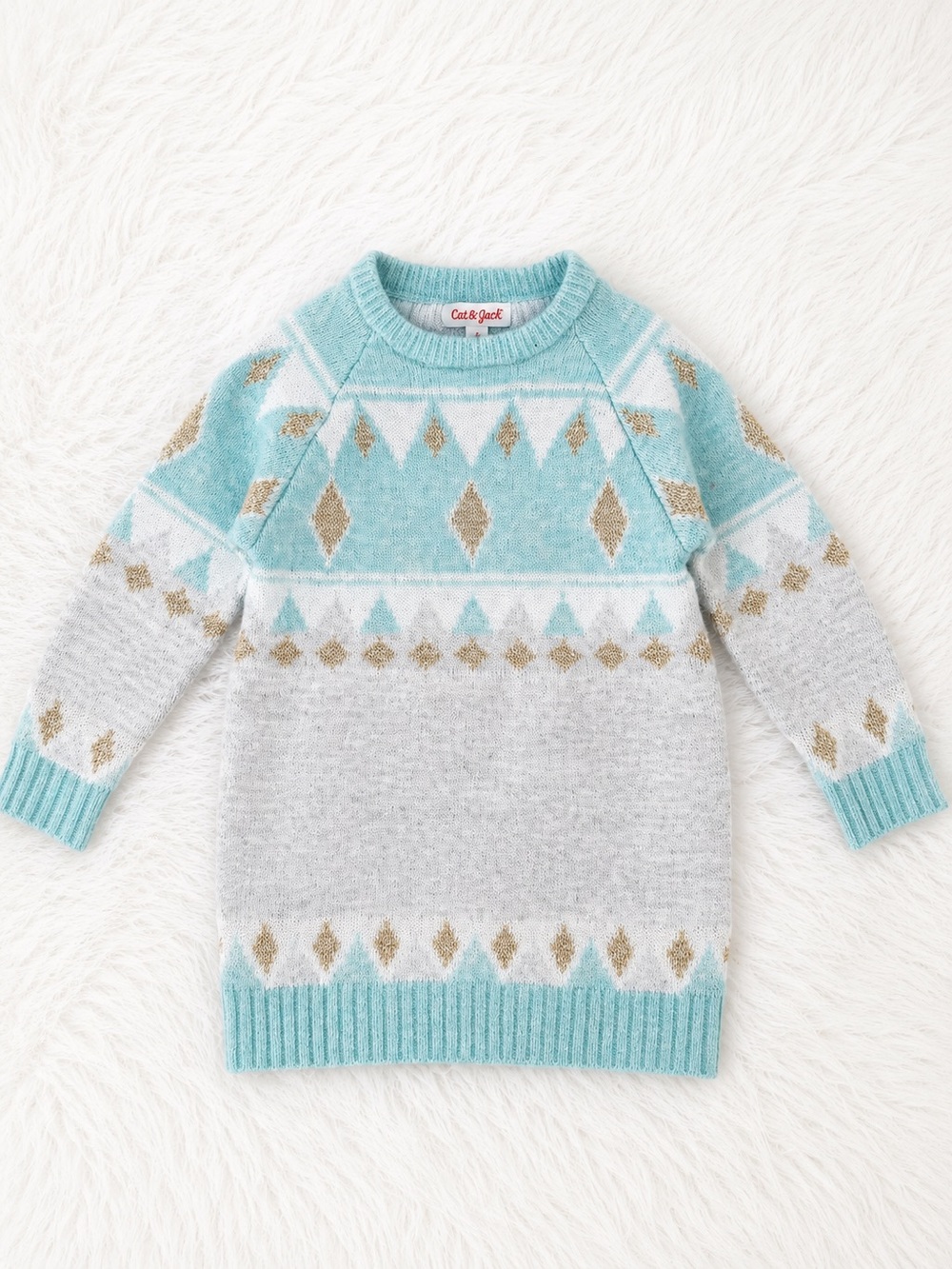 Cat & Jack Toddler Sweater Dress 18M Aqua Gray Gold Fair Isle Knit